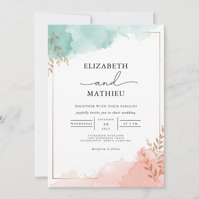 Convite Misty Teal Peach Watercolor Wedding (Frente)