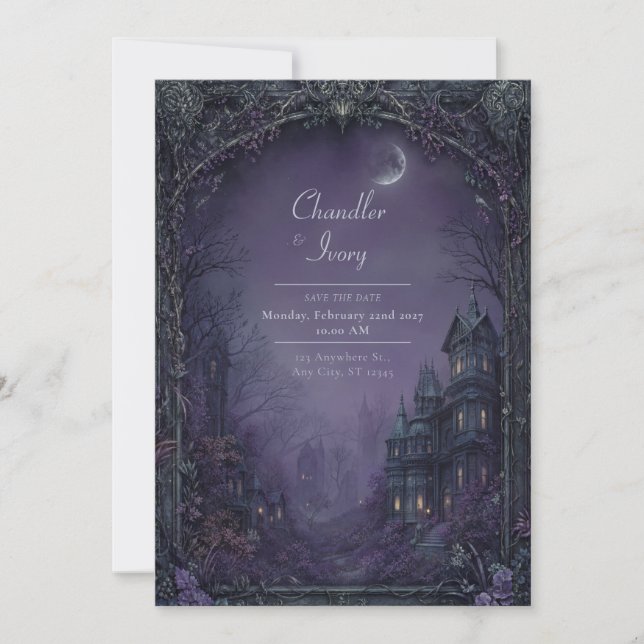 Convite Misty Violet Moonlit Gothic Manor Wedding (Frente)
