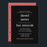 Convite Mitzvah, Bar Moderno Negro e Vermelho<br><div class="desc">Este convite moderno apresenta letras brancas arrojadas na frente e um padrão moderno no verso. Use o formulário modelo para adicionar seu texto personalizado. O recurso Personalizar pode ser usado para alterar a fonte,  o layout e as cores.</div>