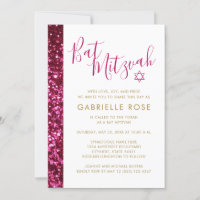 Convite Mitzvah de Bat Sparkly Glitter Rosa Quente