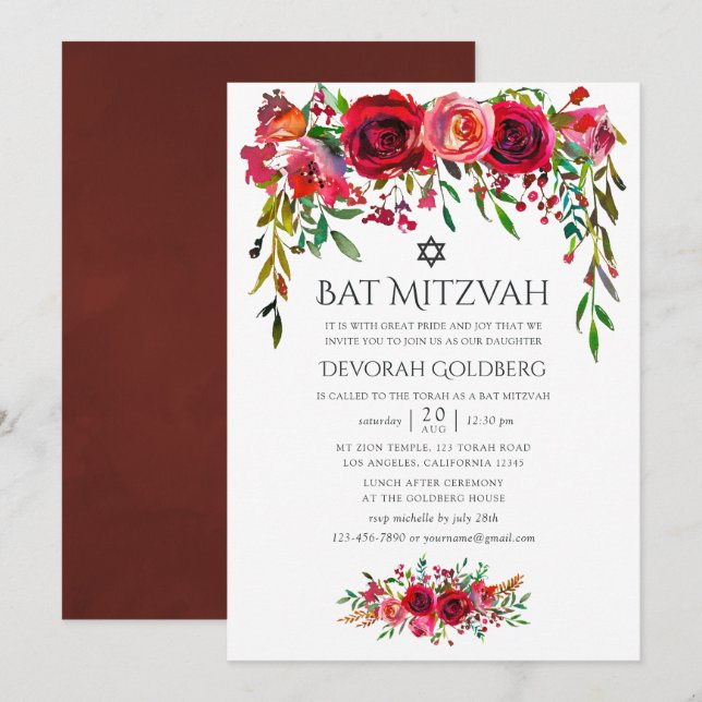 Convite Mitzvah de Batismo Floral Marsala-Borgonha (Frente/Verso)