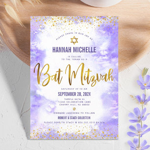 Convite Mitzvah de Morcego Roxo Dourado Moderno Aquarela