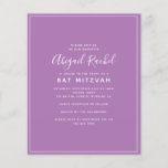 Convite Mitzvah para Bat do Orçamento Moderno Roxo<br><div class="desc">Um design simples e moderno **POR FAVOR LEIA ANTES DE COMPRAR** Nossa pequena faixa de papelaria de orçamento mede 4, 5" x 5, 6" e ajustados dentro A6 envelope, que estão disponíveis em todos os tipos de cores em sua loja de papelaria local ou você pode adicionar brancos à sua...</div>