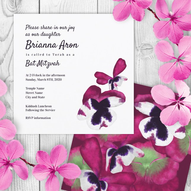 Convite Mitzvah para Pansies Rosa Profundos (pink purple flower petals pansy bat mitzvah invitation, berry violet summer colors, 12 12th twelve)