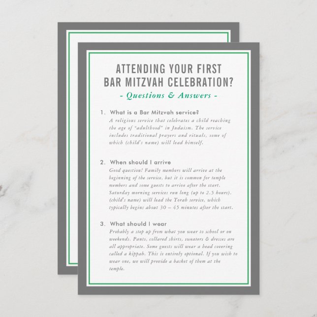Convite MITZVAH service information questions advice green (Frente/Verso)
