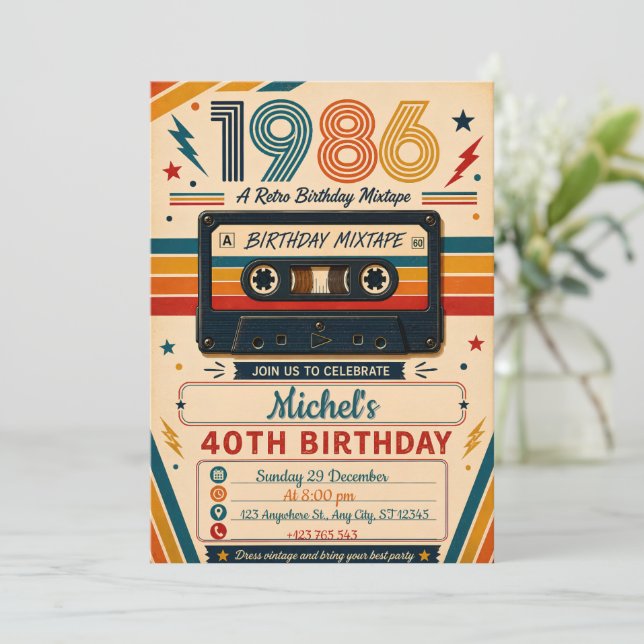 Convite Mixtape Retro 40º Aniversário (Em pé/Frente)