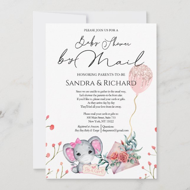 Convite Moça Elefante Dourada - Balão de Brilho Chá por Co (Frente)