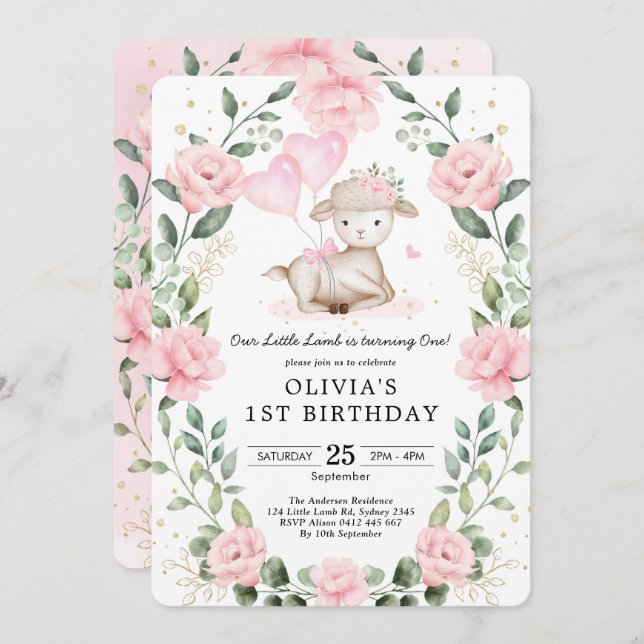 Convite Moça Lamb Bebê Ovelhas primeiro aniversario Floral (Frente/Verso)
