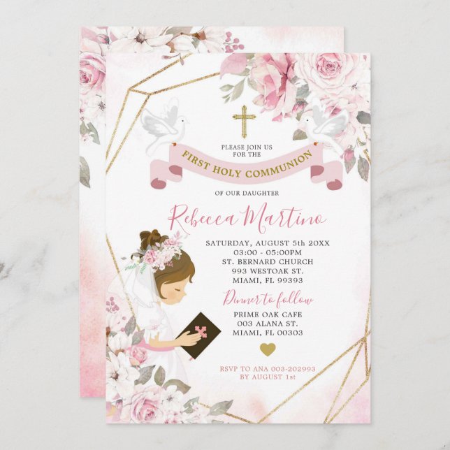 Convite Moça Rosa Rosa Rosa Maciça Suave Primeira Comunhão (Frente/Verso)