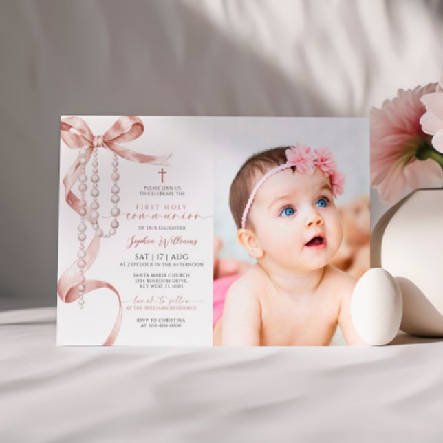 Convite Mocha Arco e Rosary Foto Primeira Comunhão Sagrada (Criador carregado)