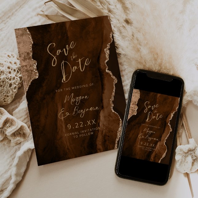 Convite Mocha Brown Agate Script Wedding Save the Date (Criador carregado)