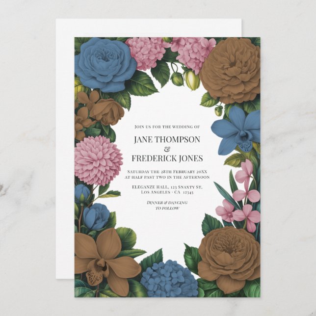 Convite Mocha Brown, Dusty Blue & Soft Pink Floral Wedding (Frente/Verso)
