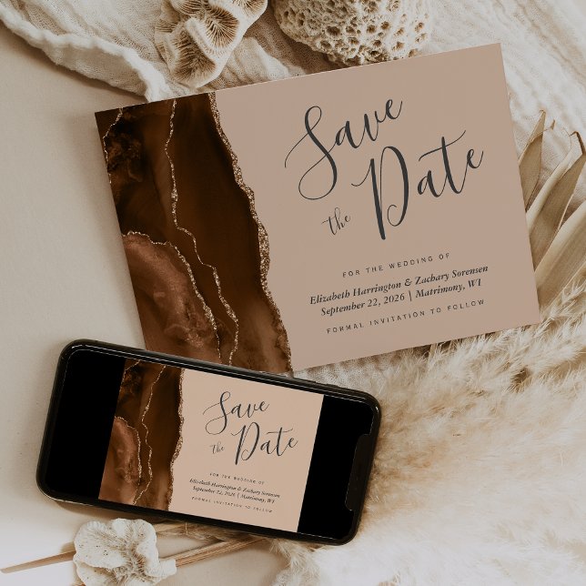 Convite Mocha Brown Gold Agate Tan Save the Date Card (Criador carregado)
