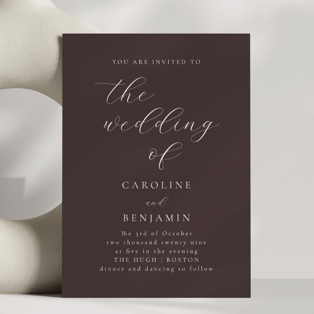 Convite Mocha Brown Minimalist Script Elegant Fall Wedding (Criador carregado)