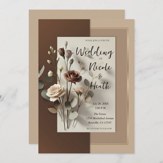 Convite Mocha Café Au Lait Brown Casamento Floral Neutral (Frente/Verso)