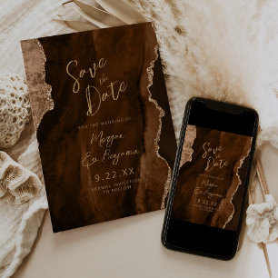 Convite Mocha Marrom Ágata Script Casamento Save the Date