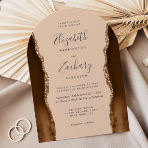 Convite Mocha Marrom Ouro Ágata Bege Arco Forma Casamento