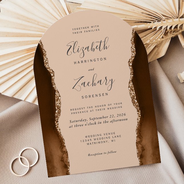 Convite Mocha Marrom Ouro Ágata Bege Arco Forma Casamento (Criador carregado)