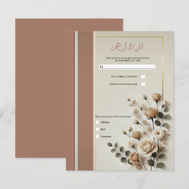 Convite Mocha Mousse e Osso Branco Neutro Floral RSVP (Frente/Verso)