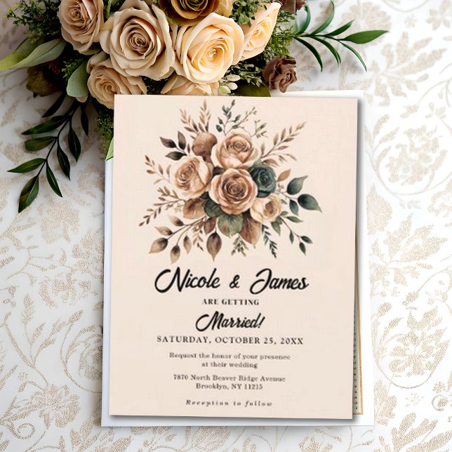 Convite Mocha Mousse Floral Design Beige Wedding (Criador carregado)