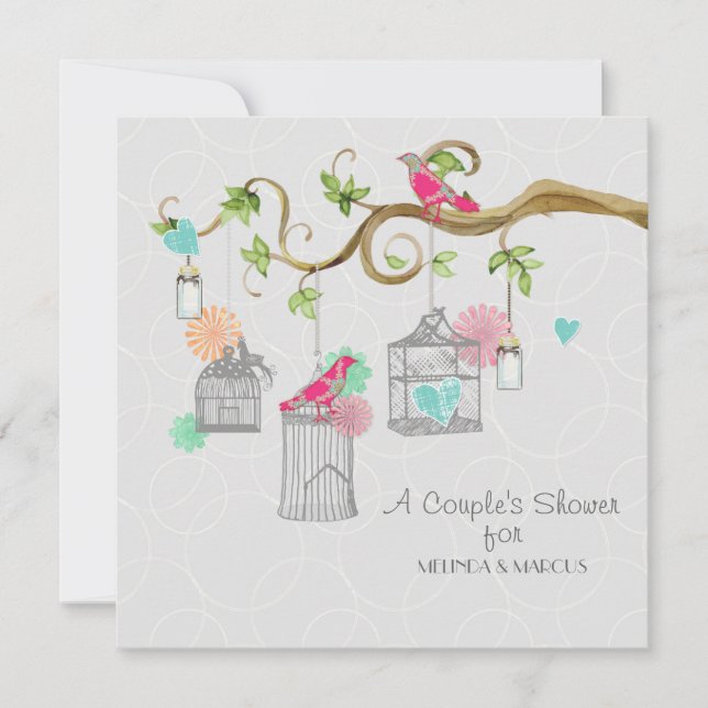 Convite Mod Bird Cage Mason Jar Heart Chá de panela Floral (Frente)