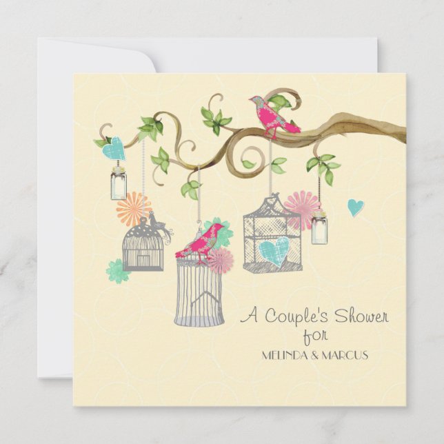 Convite Mod Bird Cage Mason Jar Heart Chá de panela Floral (Frente)