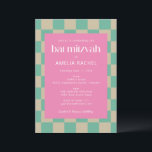 Convite Mod Pink Mint Green Checkerboard Bat Mitzvah RSVP<br><div class="desc">Mod Pink Mint Green Checkerboard Bat Mitzvah Convite com detalhes de RSVP</div>