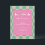 Convite Mod Pink Mint Green Checkerboard Bat Mitzvah RSVP<br><div class="desc">Mod Pink Mint Green Checkerboard Bat Mitzvah Convite com detalhes de RSVP</div>