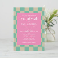 Mod Pink Mint Green Checkerboard Bat Mitzvah RSVP