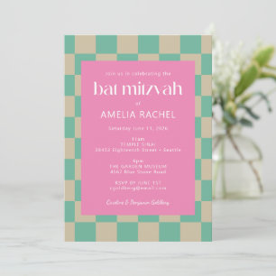 Convite Mod Pink Mint Green Checkerboard Bat Mitzvah RSVP