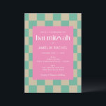 Convite Mod Rosa Mint Verde Checkerboard Bat Mitzvah<br><div class="desc">Mod Pink Mint Green Checkerboard Bat Mitzvah Convite</div>