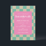 Convite Mod Rosa Mint Verde Checkerboard Bat Mitzvah<br><div class="desc">Mod Pink Mint Green Checkerboard Bat Mitzvah Convite</div>