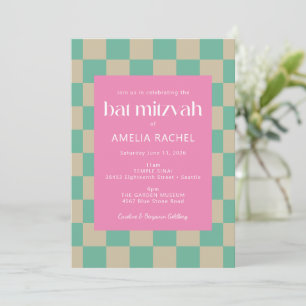 Convite Mod Rosa Mint Verde Checkerboard Bat Mitzvah