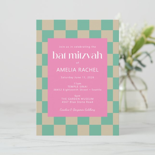 Convite Mod Rosa Verde Menta Xadrez Bat Mitzvah  (Em pé/Frente)