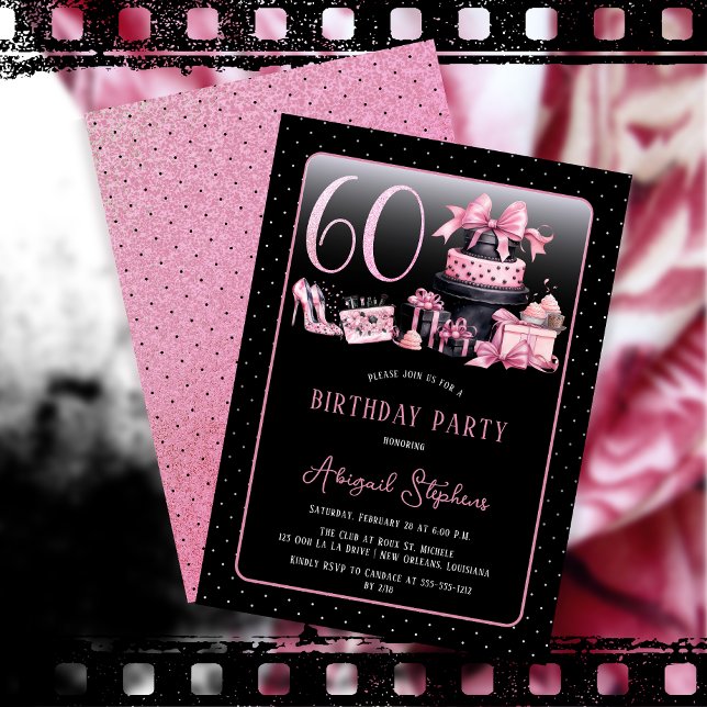 Convite Moda 60ª Festa de aniversário Preta-Rosa-Glam (Glam Pink and Black French Couture Fashion 60th Birthday Party Invitation)