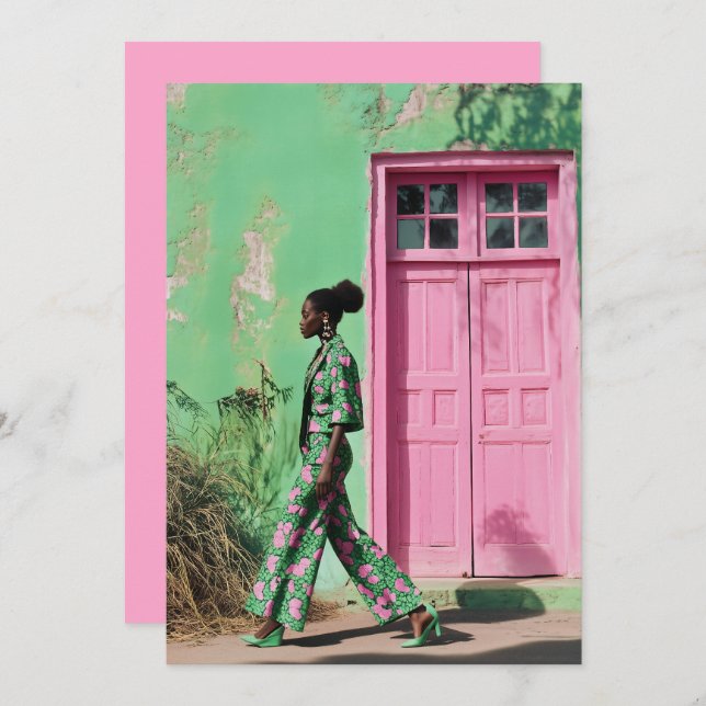 Convite Moda a negrito numa paisagem urbana vibrante (Frente/Verso)