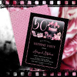 Convite Moda preta, cor-de-rosa, 50ª Festa de aniversário<br><div class="desc">Design de 50 anos, cor-de-rosa e preto, inspirado em couture francesa, apresentando um bolo de chapéu, estilettos cor-de-rosa e um saco de maquiagem entre vários presentes de aniversário e cupcakes lúcidos. Perfeito para comemorar ocasiões de aniversário. A idade é criada em uma fonte ineditável cor-de-rosa-claro. Por favor, designer de mensagens...</div>