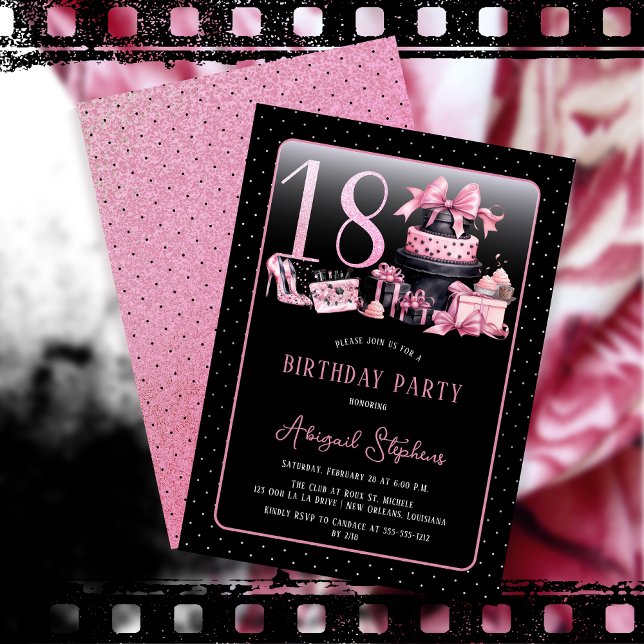 Convite Moda preta, cor-de-vidro, 18ª Festa de aniversário (Glam Pink and Black French Couture Fashion 18th Birthday Party Invitation)