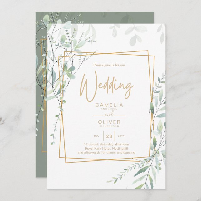 Convite Modeern Greenery Wedding Código QR RSVP (Frente/Verso)