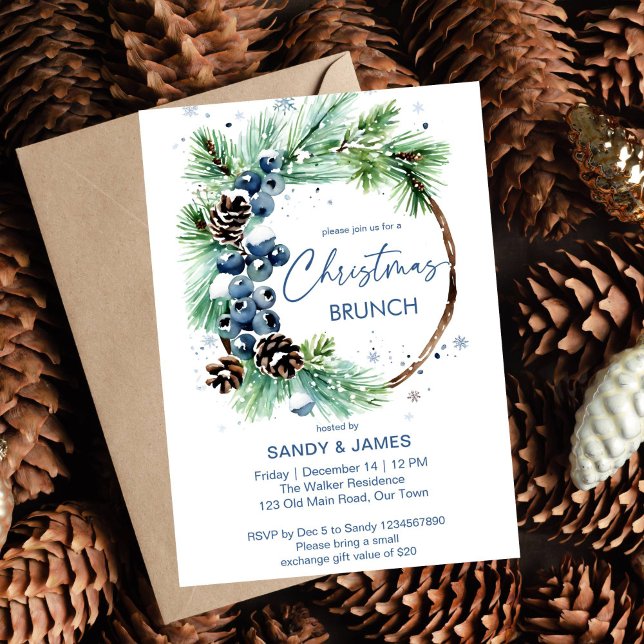 Convite Modelo (Christmas brunch editable  template invitation digital download watercolor pine wreath pine cones )