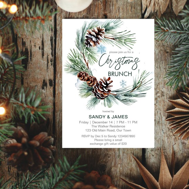 Convite Modelo (Christmas brunch party editable template invitation digital download watercolor pine wreath template)