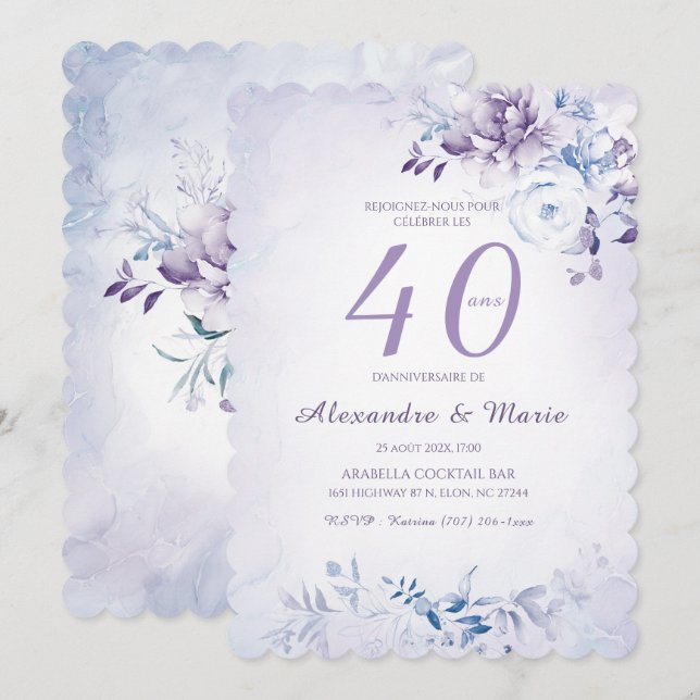 Convite Modelo Aniversário 40 anos Cor Lavanda (Frente/Verso)