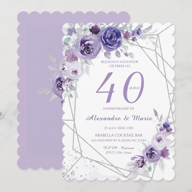 Convite Modelo Aniversário 40 anos Cor Lavanda (Frente/Verso)
