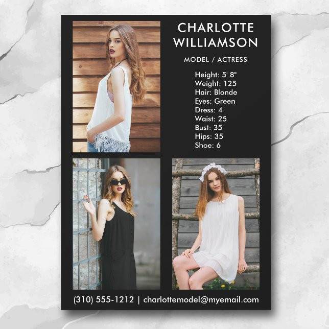 Convite Modelo Ator 3 Fotografia Comp Card 5x7 Blk (Available in high quality print or digital download for quick messaging, email or self printing.)