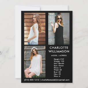 Convite Modelo Ator 3 Photo Comp Card 5x7 Preto