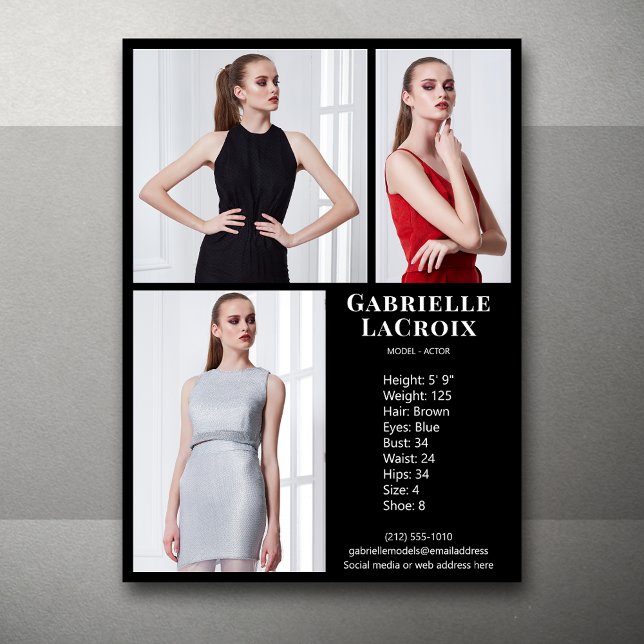 Convite Modelo Ator 3 Photo Pro Comp Card Modelo Black (Available in print or instant digital download for quick messaging, email or self printing.)