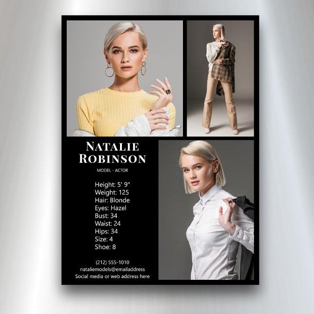 Convite Modelo Ator 3 Photo Pro Comp Card Modelo Black (Available in print or instant digital download for quick messaging, email or self printing.)