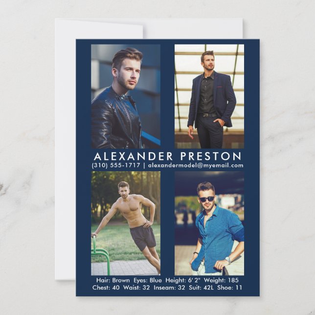 Convite Modelo Ator 4 Fotografia Comp Card 5x7 Azul (Frente)