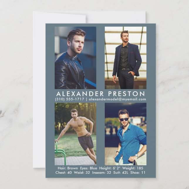 Convite Modelo Ator 4 Fotografia Comp Card 5x7 Cinza Azul (Frente)