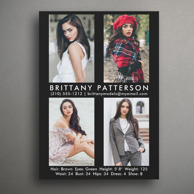 Convite Modelo Ator 4 Fotografia Comp Card 5x7 Preto (Available in high quality print or digital download for quick messaging, email or self printing.)